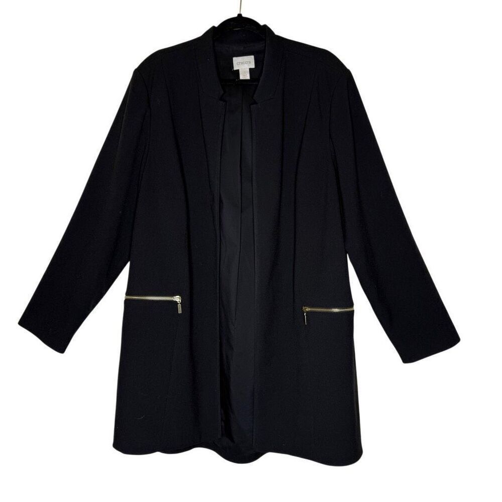 Chico’s Black Crepe Zip Pocket Open Jacket Sz 16 Elegant, Mob Wife, Minimalist